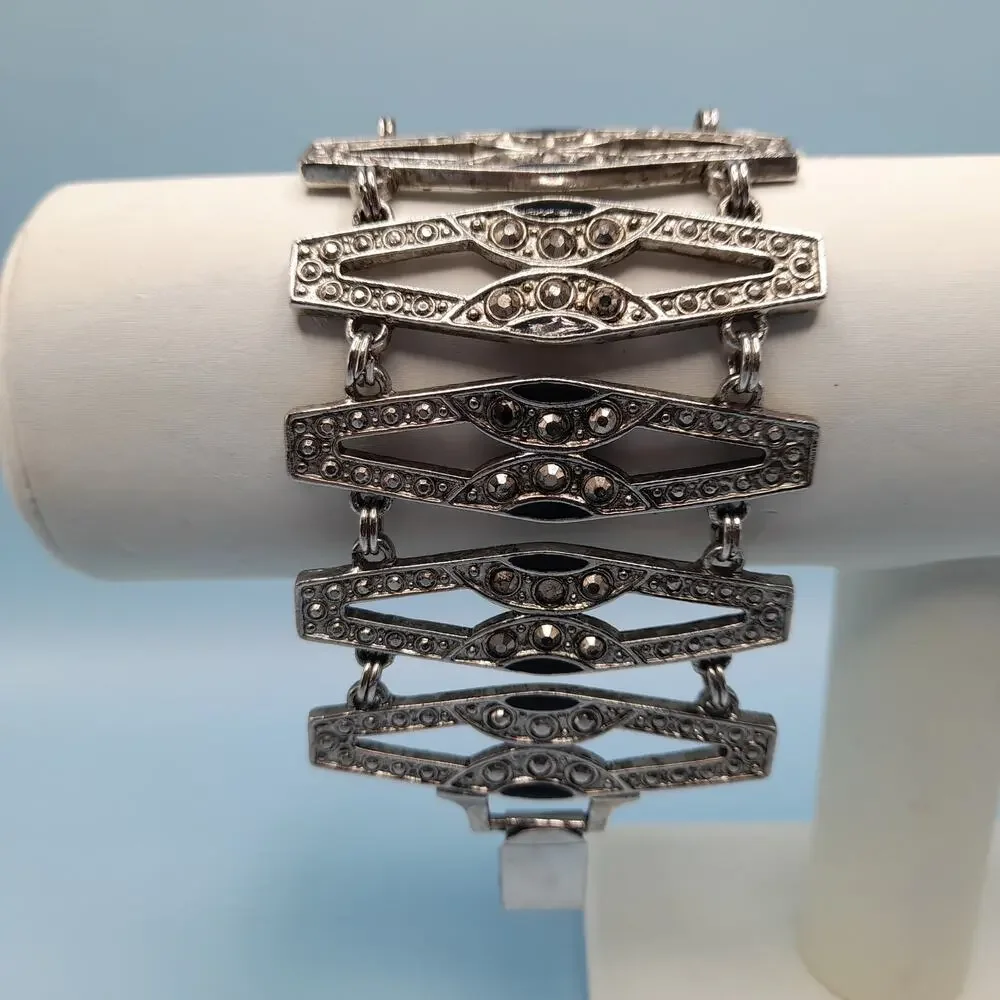 Vintage Art Deco Faux Marcasite Rhinestone Wide Bracelet, 7 1/4 Inches, 1980s